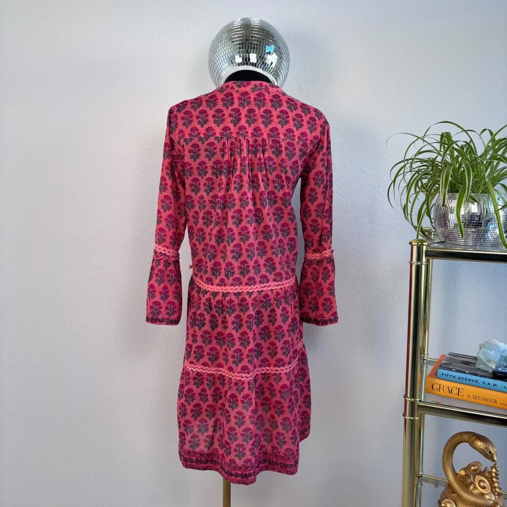 Lola Australia Morocco Mini Strawberry Dress, XXS, Pink Floral Bell Sleeve Boho